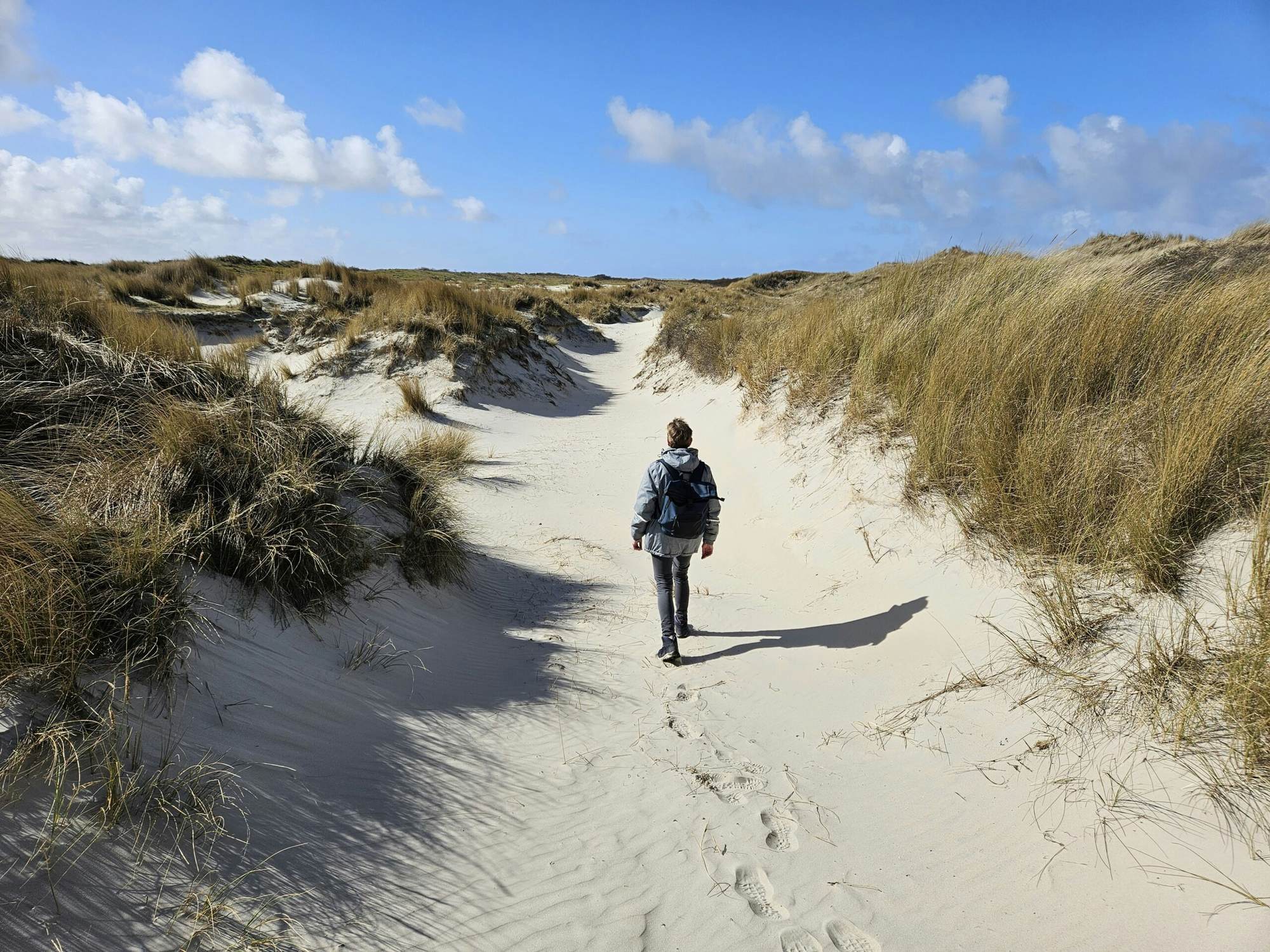 Wandelaar met rugzak op een zandpad door de Nederlandse duinen